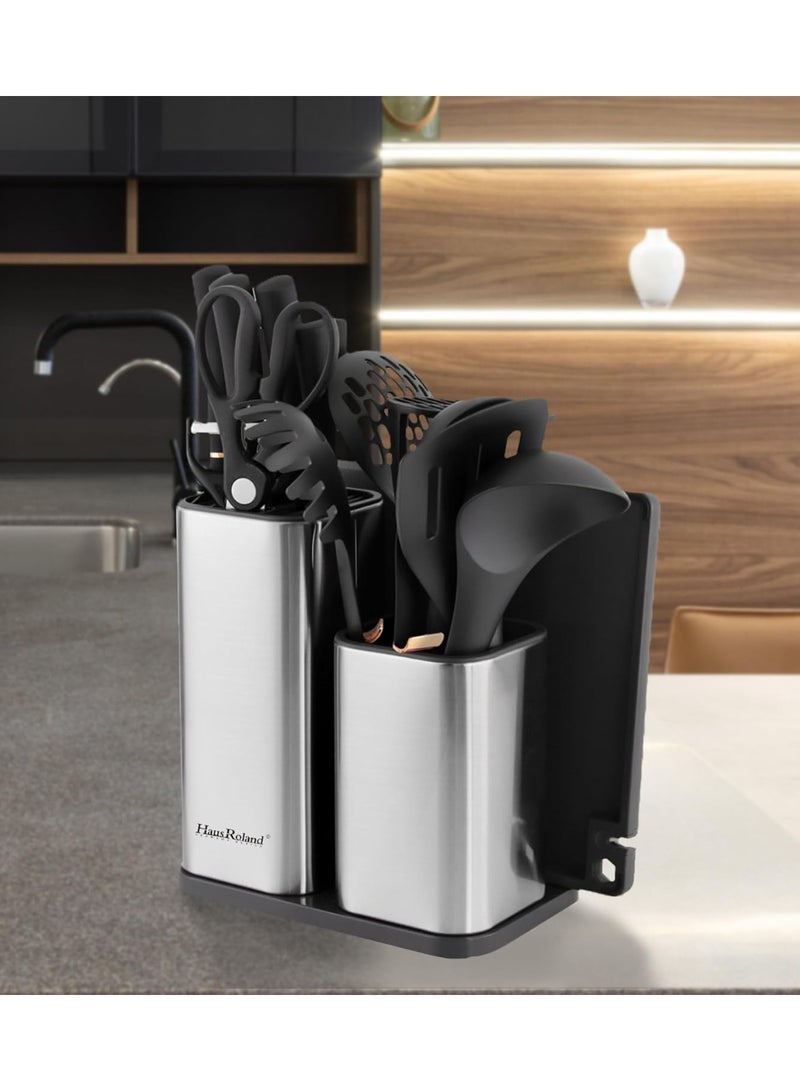 هوسرولاند مجموعة أدوات المطبخ والسكاكين من هاوس رولاند، 16 قطعة، أقفال من الفولاذ المقاوم للصدأ مع حامل أواني، منظم أدوات المطبخ، حامل سكاكين، مقص ولوحة تقطيع، مجموعة تخييم - Image 4